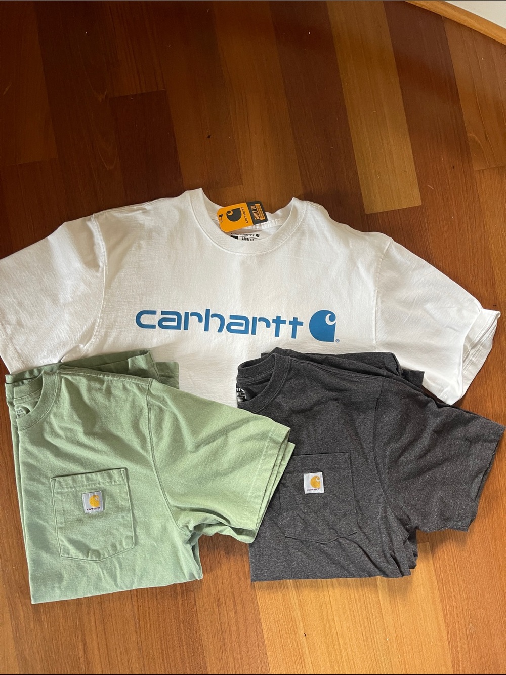 3 Men’s Carhartt White Logo Tee with Sage Green and Charcoal Pocket Tees